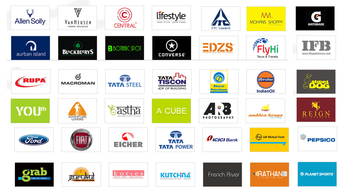 Logos of 140+ national and international brands Harsshad has worked with, including Allen Solly, Lifestyle, Tata Steel, ICICI Bank and PepsiCo