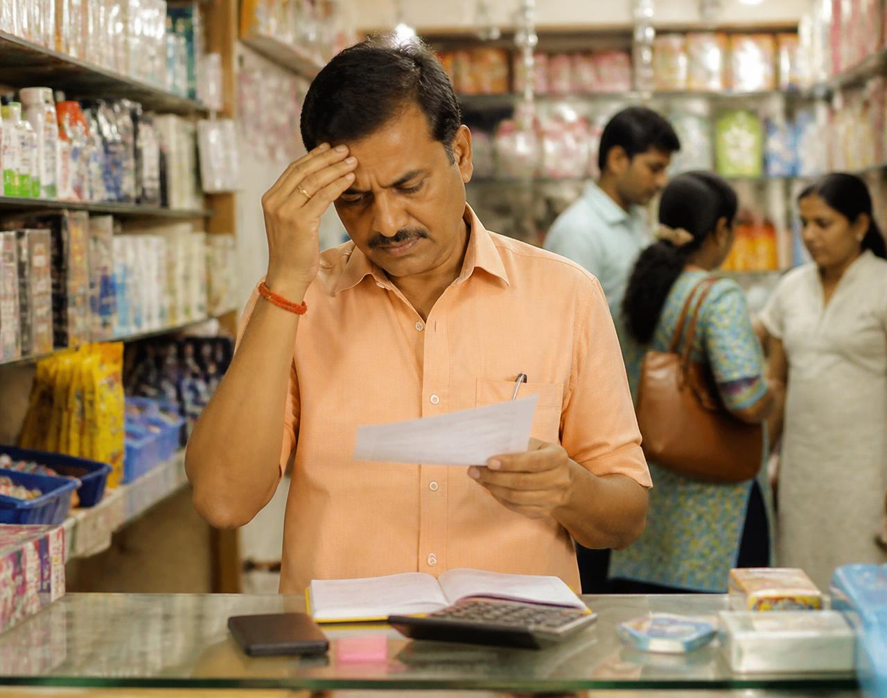Retail store owner reviewing accounts at the billing counter